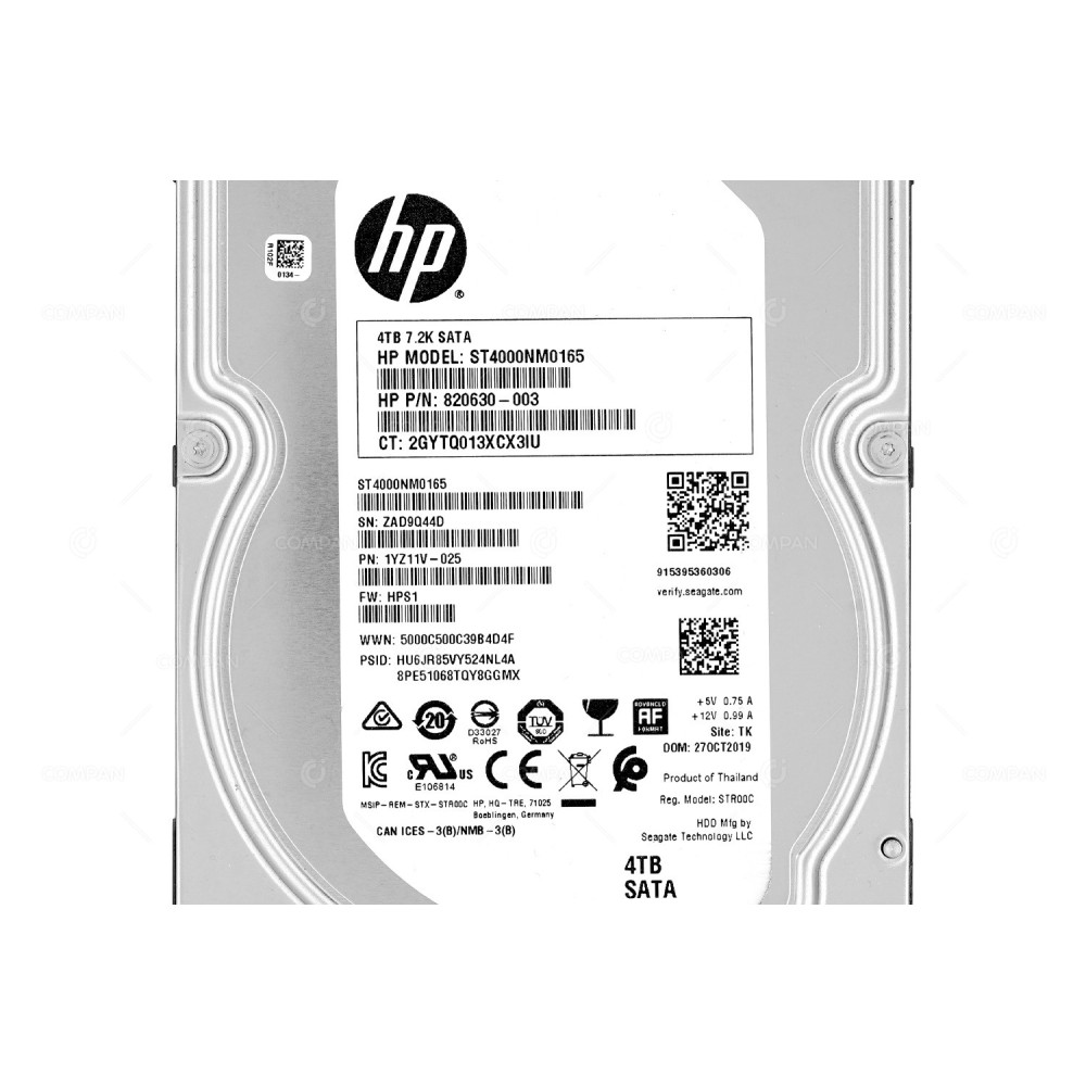 820630-003 HP HARD DRIVE 4TB 7.2K 6G SATA III AF 3.5 LFF ST4000NM0165, 1YZ11V-025