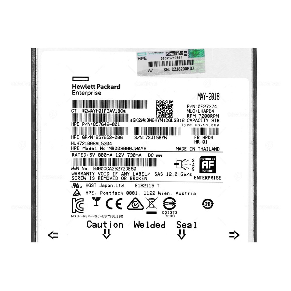 861607-001 HP HDD 8TB 7.2K SAS 12G 3.5" LFF FOR HP PROLIANT DL360 DL380 G10