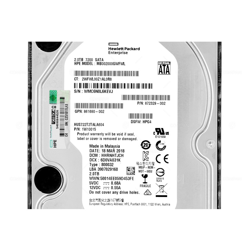 872771-001 HP HDD 2TB 7.2K SATA 6G 3.5" LFF FOR HP PROLIANT G9 G10