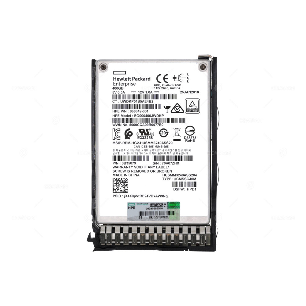 873563-001 HP 400GB 12G SAS DS SSD 2.5 SFF WI WRITE INTENSIVE DRIVE FOR G8 G9 G10 868649-001, 802582-B21, 0B35079