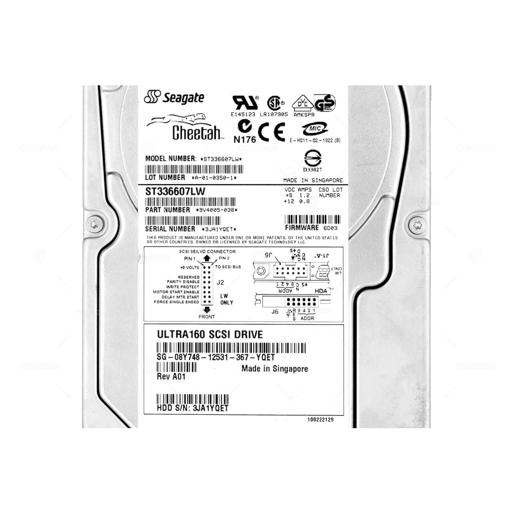 8Y748 DELL HARD DRIVE 36GB 10K U320 SCSI 3.5LFF 08Y748, ST336607LW