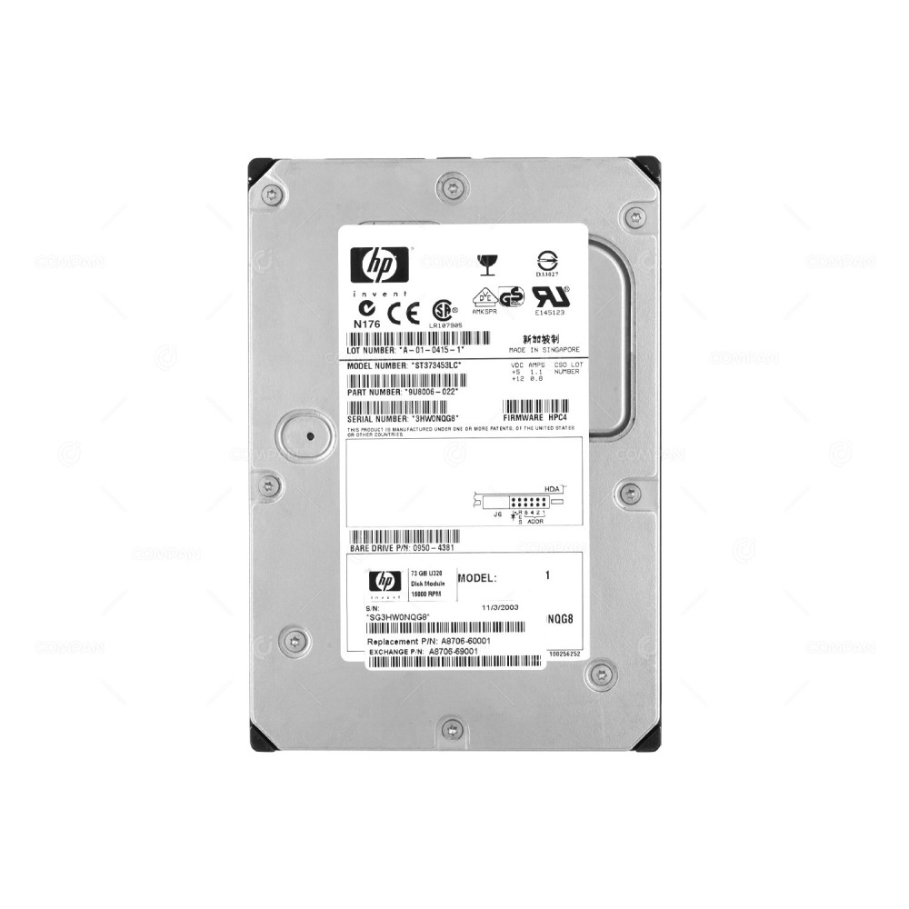 A8706-60001 HP HARD DRIVE 73GB 15K ULTRA320 SCSI 3.5 LFF  A8707A, A8706-69001, 0950-4381