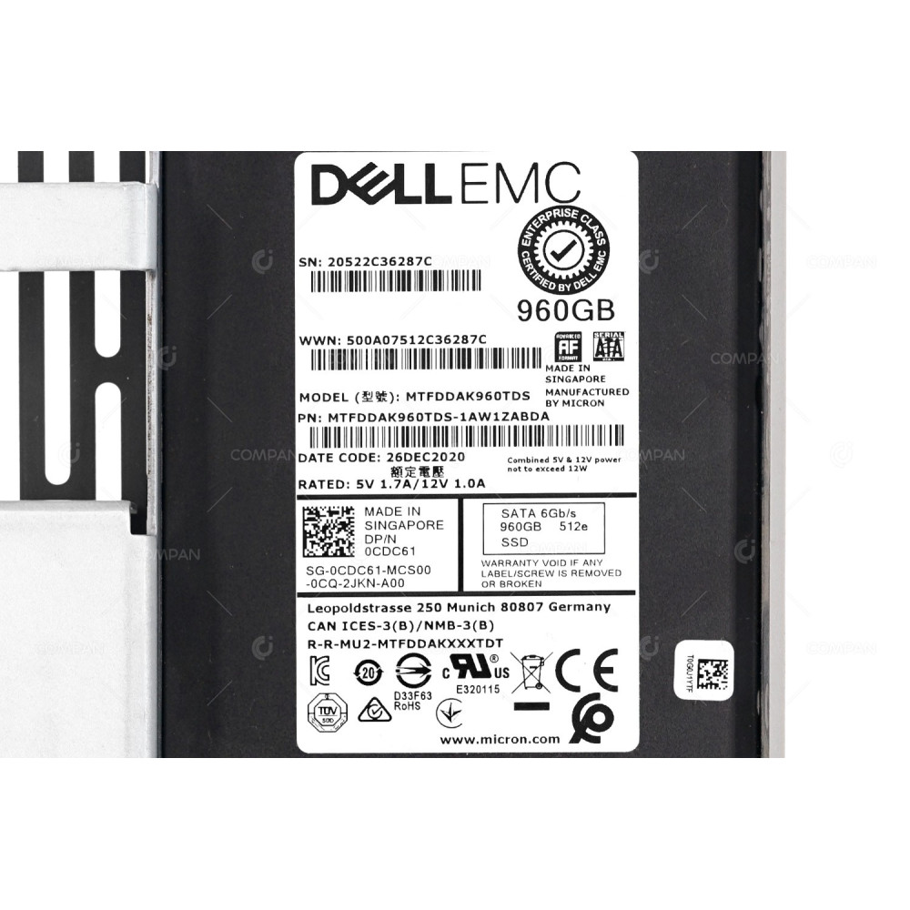 CDC61 DELL 960GB 6G 512E SSD SATA 2.5 IN 3.5 FOR G13 0CDC61, MTFDDAK960TDS, 512E