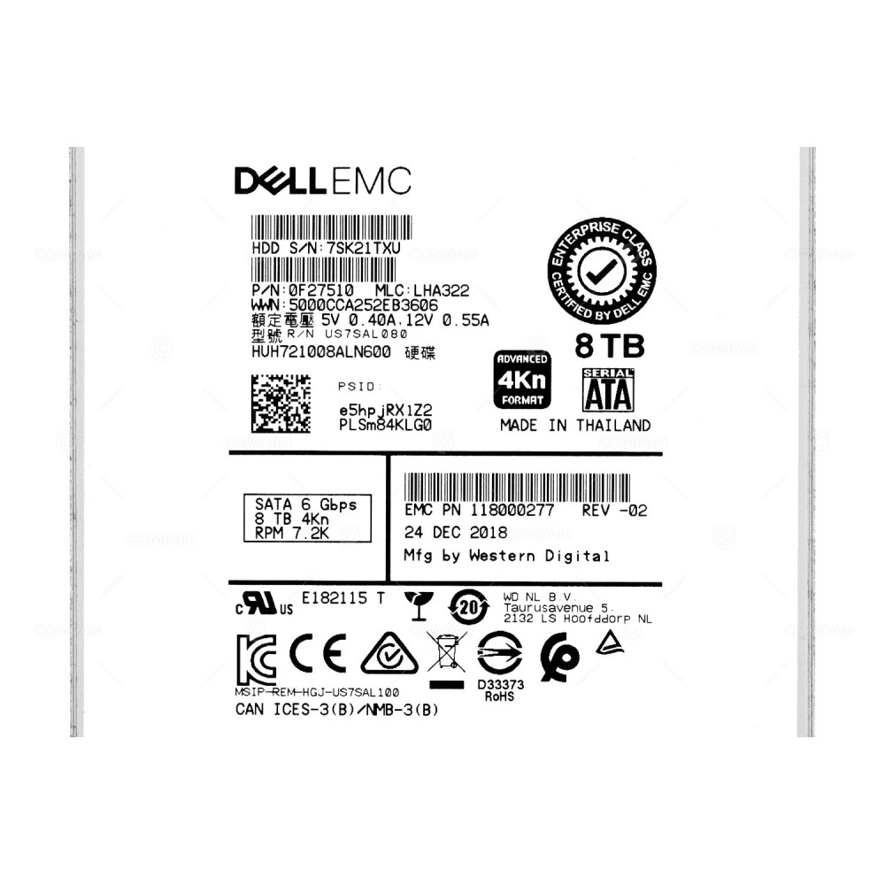 HUH721008ALN600 HITACHI HARD DRIVE 8TB 7.2K 6G SATA 256MB CACHE 3.5 LFF 0F27510, US7SAL080