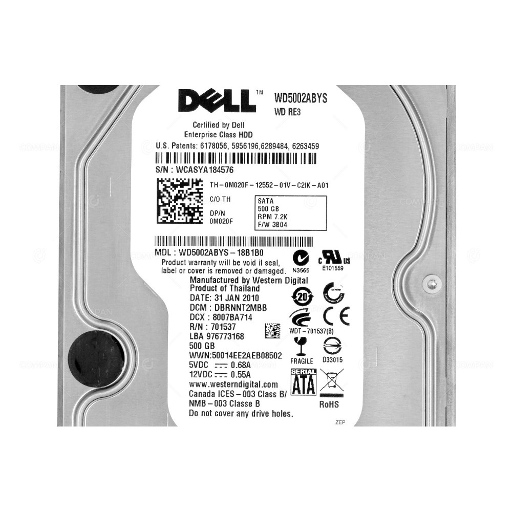 M020F DELL HARD DRIVE 500GB 7.2K 3G SATA 3.5 LFF G11 G12 G13 0M020F, WD5002ABYS