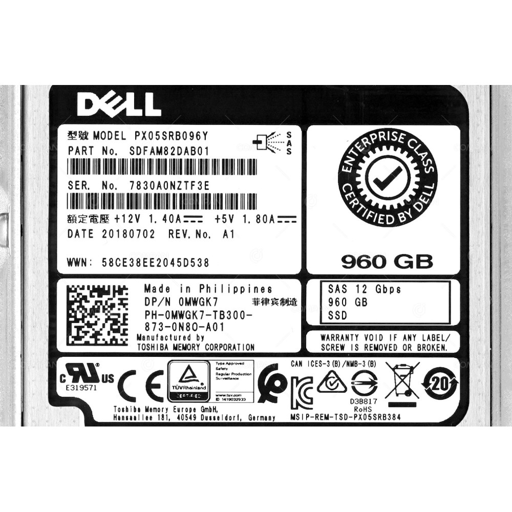 MWGK7-G14 DELL 960GB 12G SSD SAS 2.5 SFF G14 0MWGK7, PX05SRB096Y