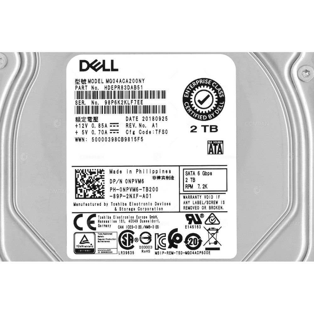 NPVM6 G14 DELL HARD DRIVE 2TB 7.2K 6G 3.5 LFF SATA G14 0NPVM6, MG04ACA200NY