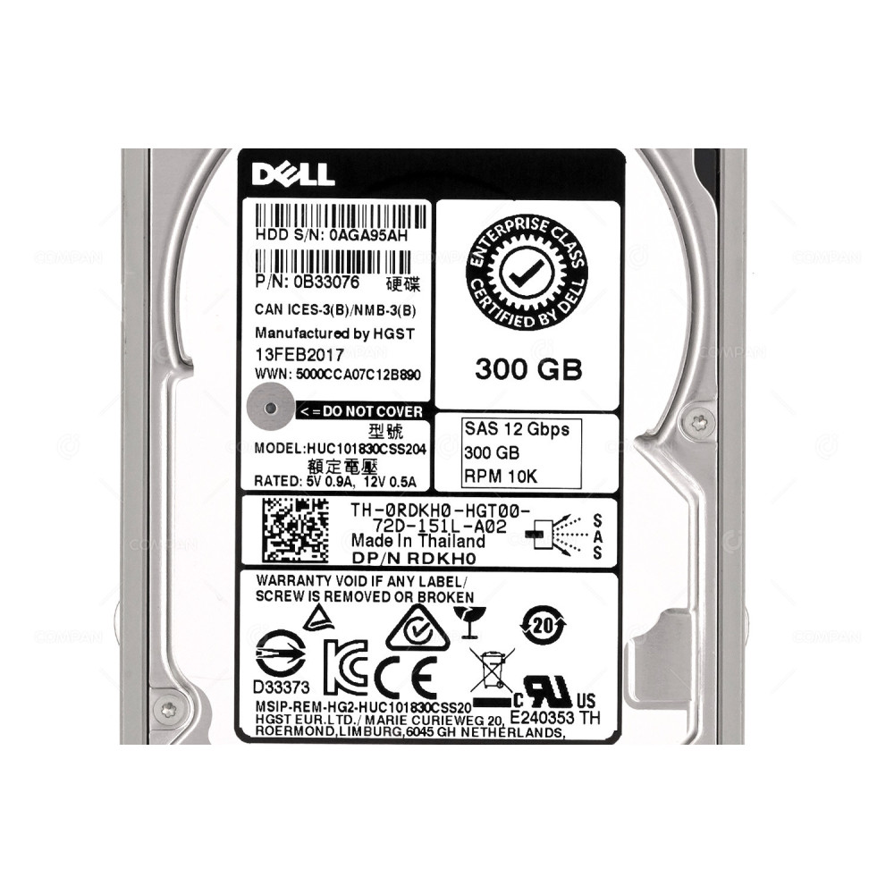 RDKH0 DELL HARD DRIVE 300GB 10K 12G SAS 2.5 SFF HOT-SWAP G11 G12 G13 0RDKH0, HUC101830CSS204