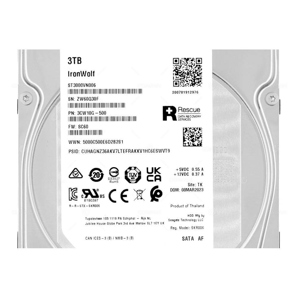 ST3000VN006 SEAGATE IRONWOLF HARD DRIVE 3TB 5.4K 6G SATA 256MB CASHE 3.5 LFF 3CW10G-500