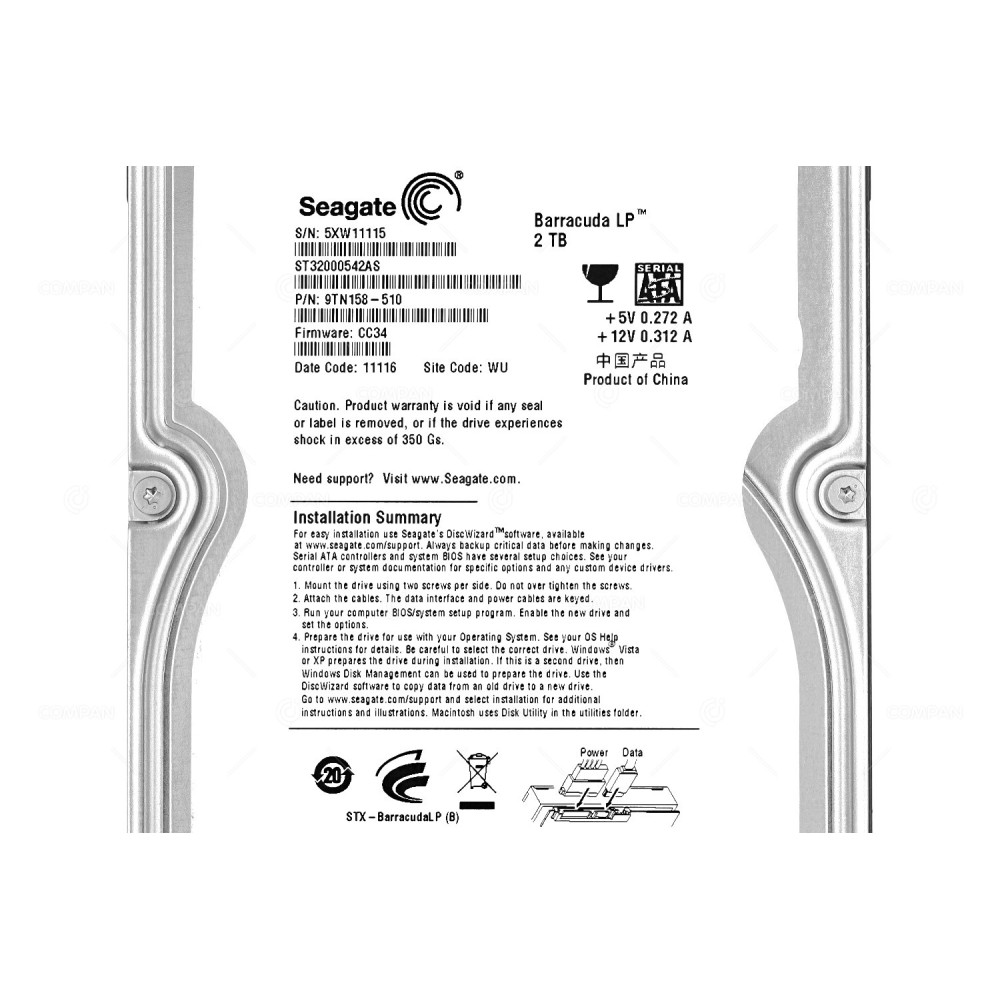 ST32000542AS SEAGATE 2TB 3G SATA 5.9K 32MB CACHE HARD DRIVE 9TN158-510