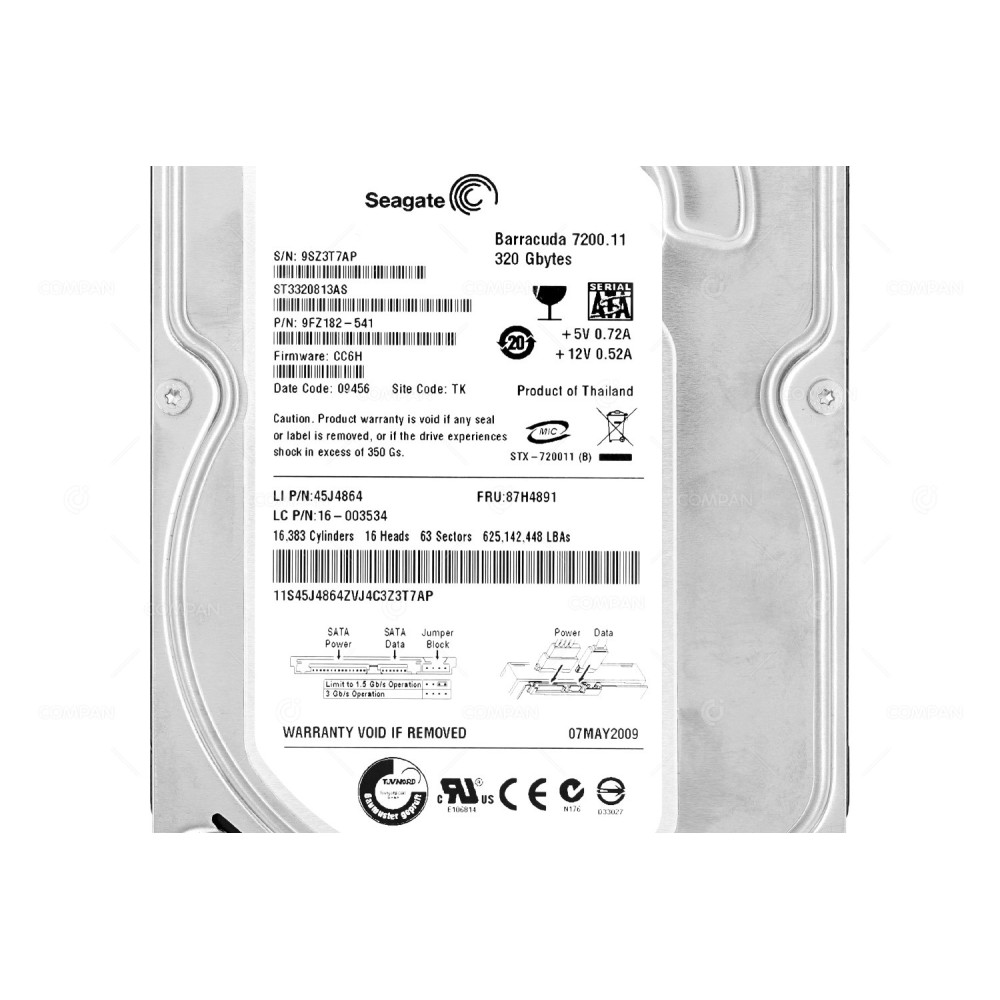 ST3320813AS SEAGATE BARRACUDA 7200.11 320GB 7.2K 3G SATA 8MB CACHE 3.5 LFF HARD DRIVE 9FZ182-541