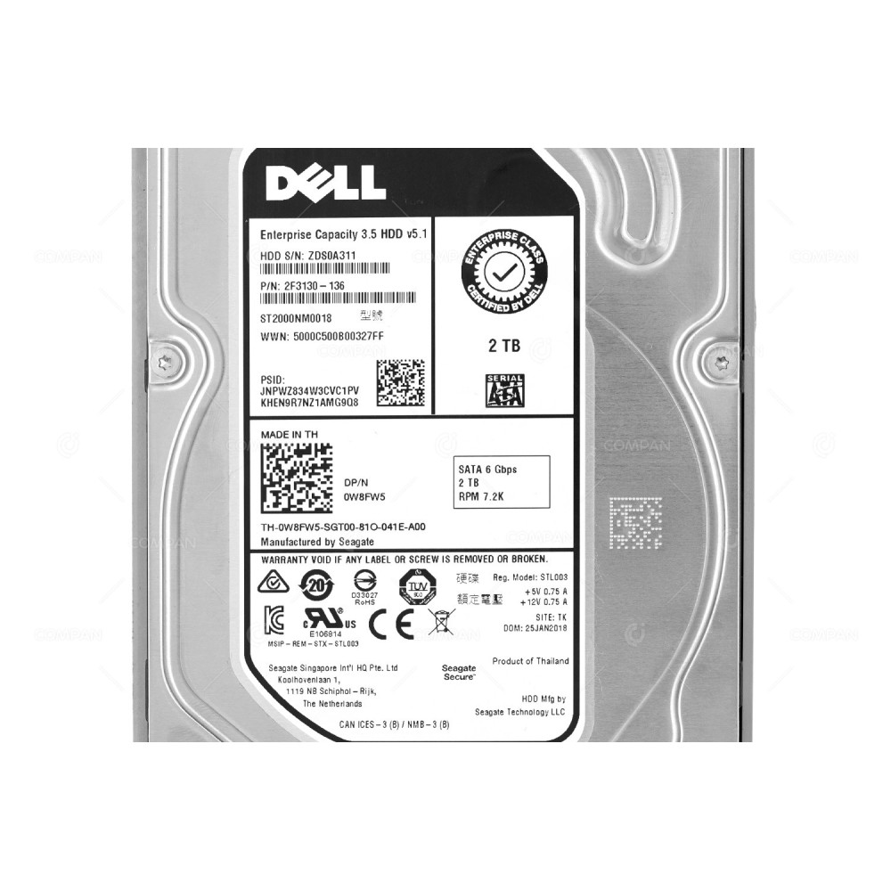 W8FW5 DELL 2TB 7.2K 6G SATA 3.5 LFF HARD DRIVE 0W8FW5, ST2000NM0018