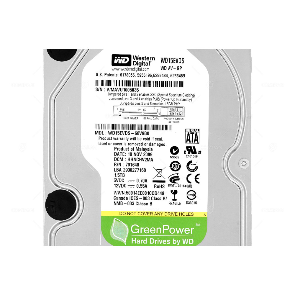 WD15EVDS WD GREEN POWER 1.5TB 5.4K 3G SATA  32MB CACHE 3.5 LFF HARD DRIVE WD15EVDS-68V9B0