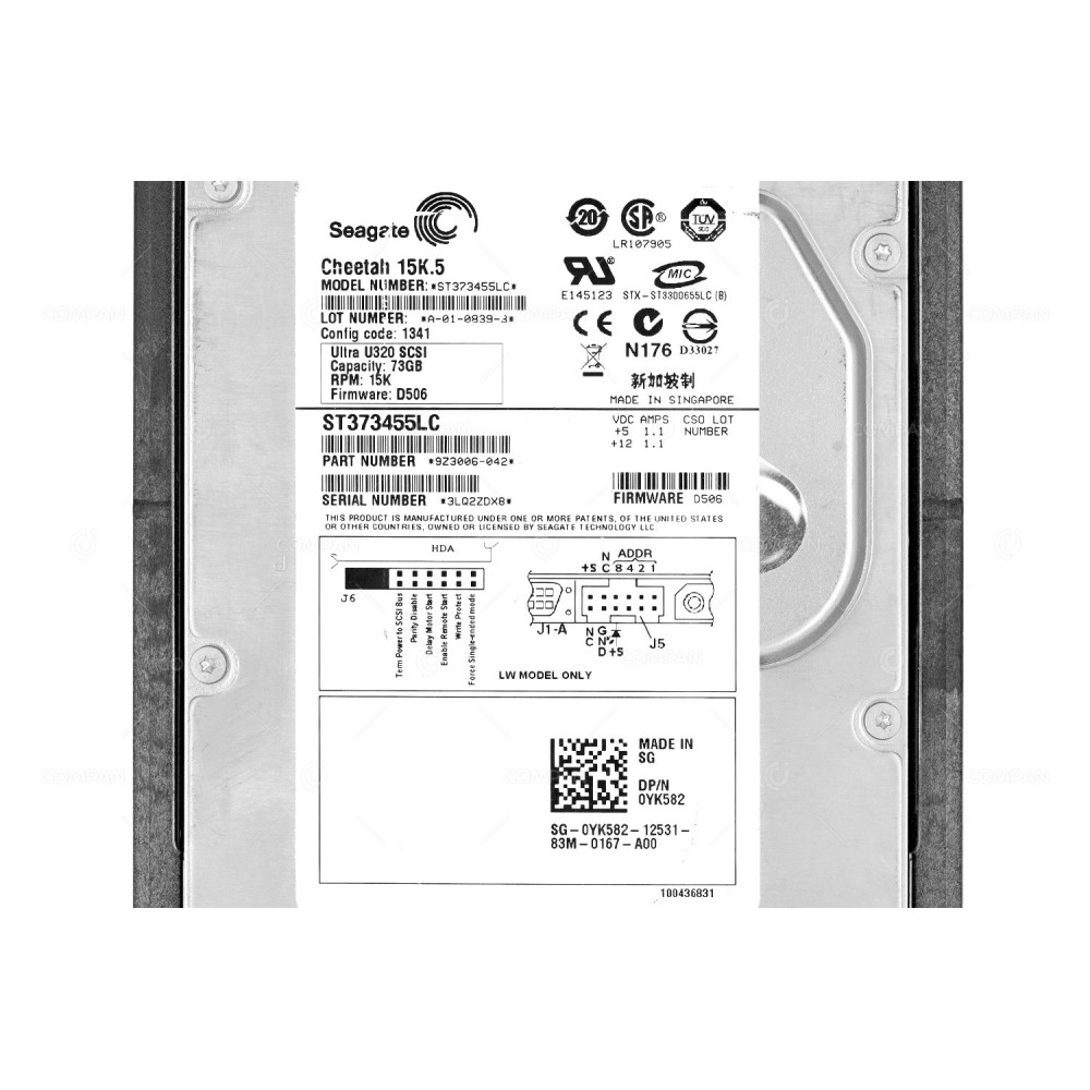 YK582 DELL HARD DRIVE 73GB 15K U320 SCSI 3.5LFF 0YK582, ST373455LC