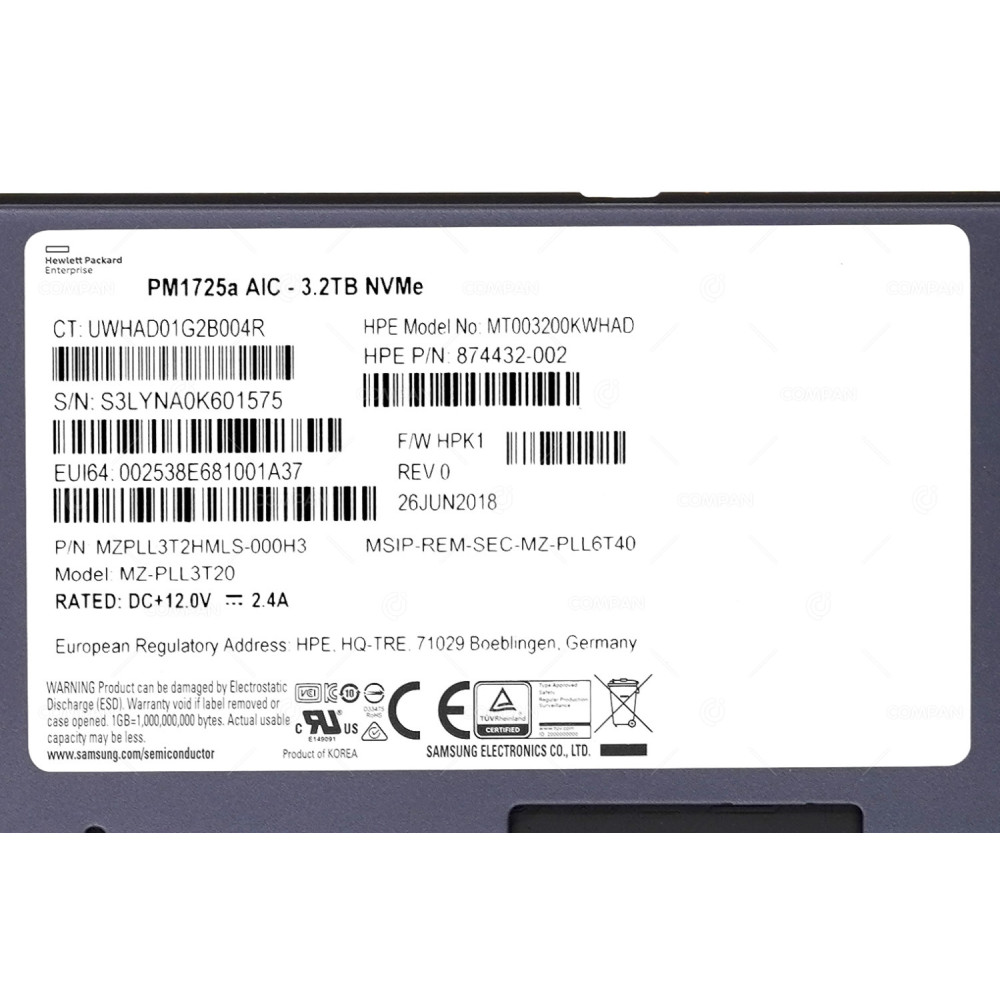 874432-002 LP HPE NVME 3.2TB PCIE 3.0 X8 MU DS HHHL LOW PROFILE