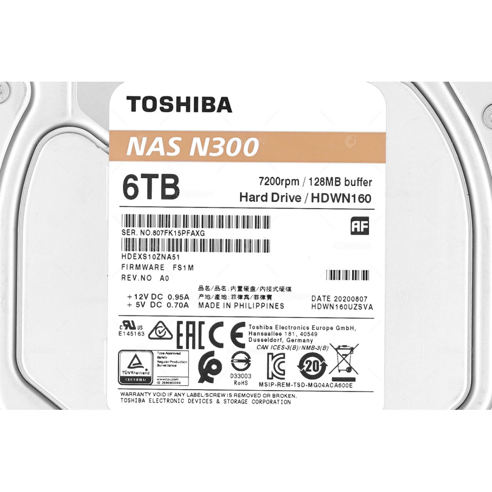 HDEXS10ZNA51 TOSHIBA NAS N300 HDD 6TB 7.2K SATA 6G 128MB CACHE 3.5" LFF