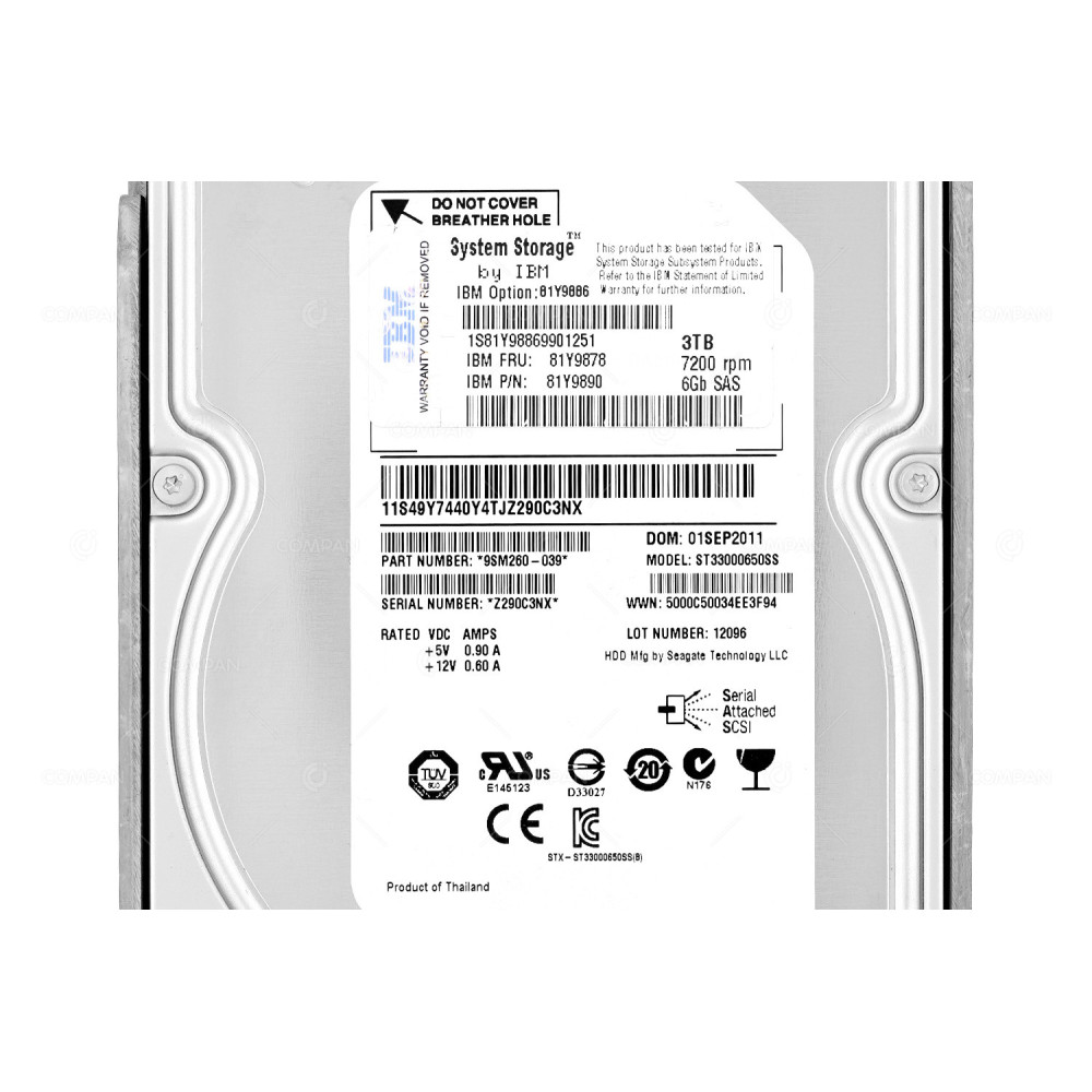 81Y9878  IBM HDD 3TB 7.2K SAS 6G 3.5" LFF FOR IBM SYSTEM X