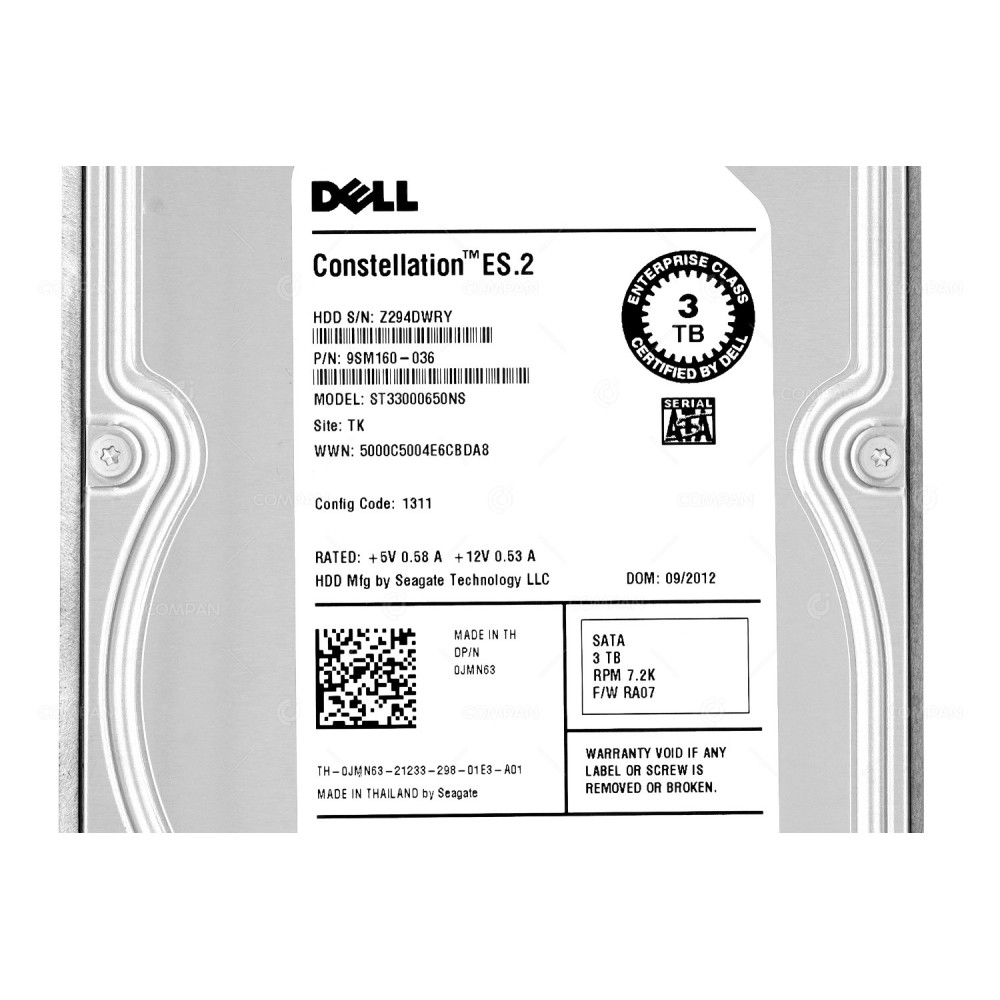 JMN63  DELL HDD 3TB 7.2K SATA 6G 3.5" LFF FOR DELL POWEREDGE G11 G12 G13