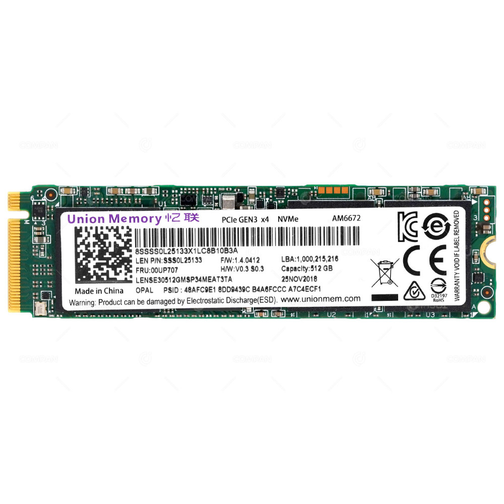 00UP707  LENOVO 512GB M.2 22809 PCIE 3.0 X4 NVME SSD