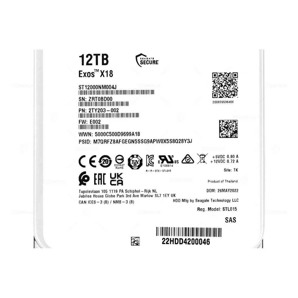 ST12000NM004J  SEAGATE EXOS X18 12TB 7.2K 6G SATA AF 3.5 LFF 256MB CACHE ENTERPRISE HDD