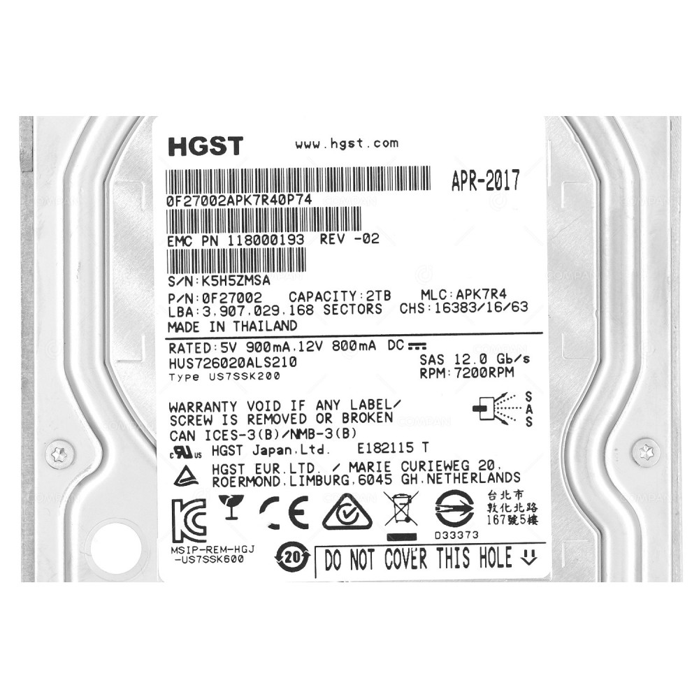 005051924 EMC HDD 2TB 7.2K SAS 6G 3.5" LFF FOR EMC DATADOMAIN 6300