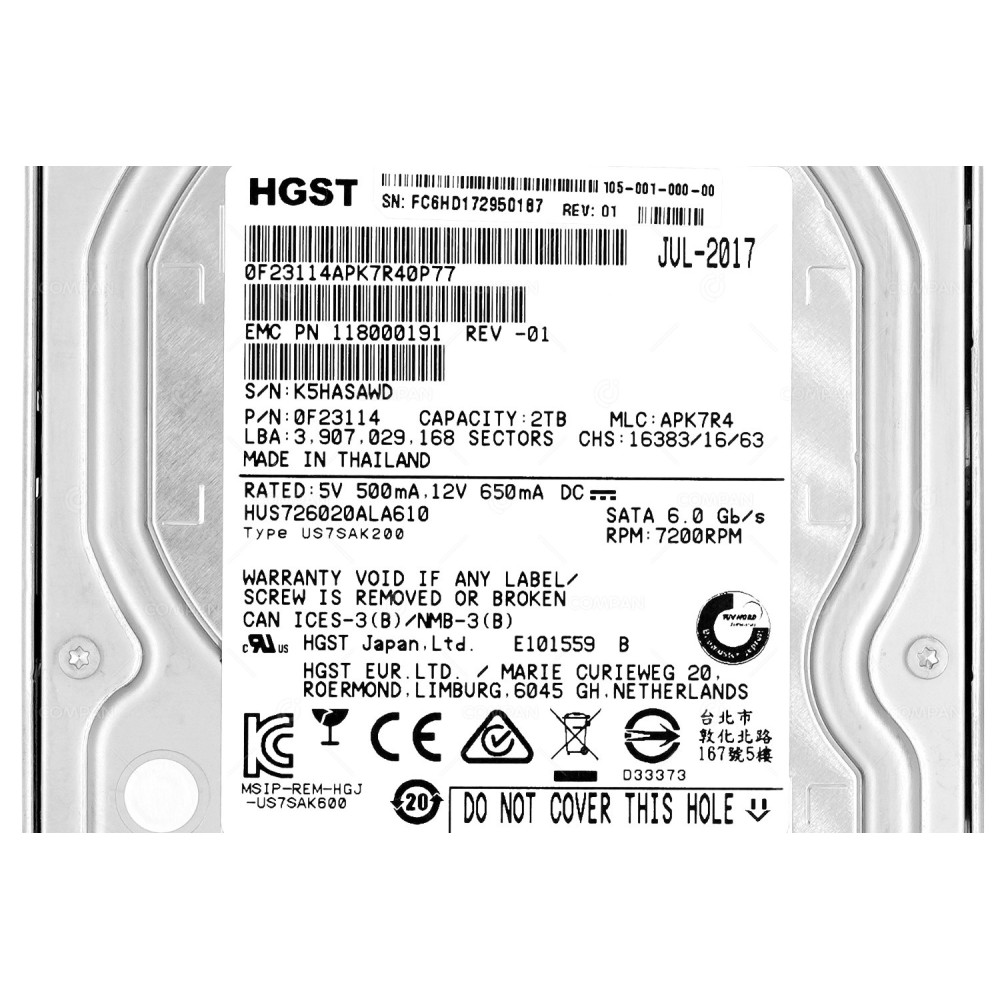 105-001-000-00  EMC HDD 2TB 7.2K SATA 6G 3.5" LFF FOR EMC DATADOMAIN 9300