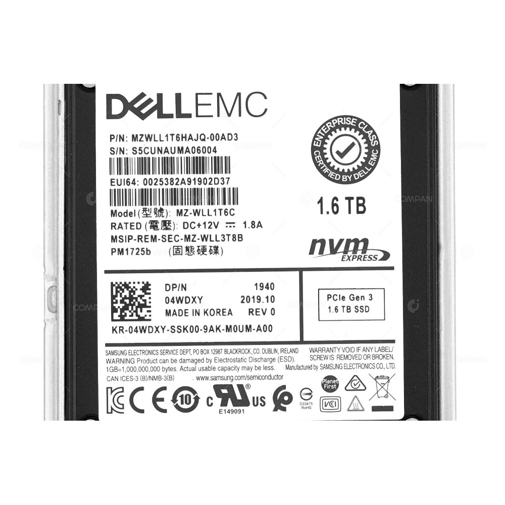 4WDXY G14  DELL NVME SSD 1.6TB U.2 PCI-E 3.0 X4 2.5" SFF FOR POWEREDGE G14 G15