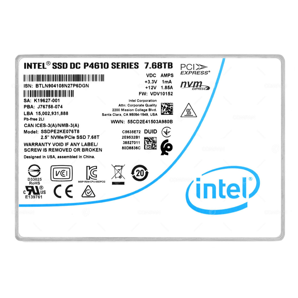 SSDPE2KE076T8  INTEL DC P4610 SERIES 7.68TB NVME U.2 PCIE 3.1 X4 2.5 SFF SSD