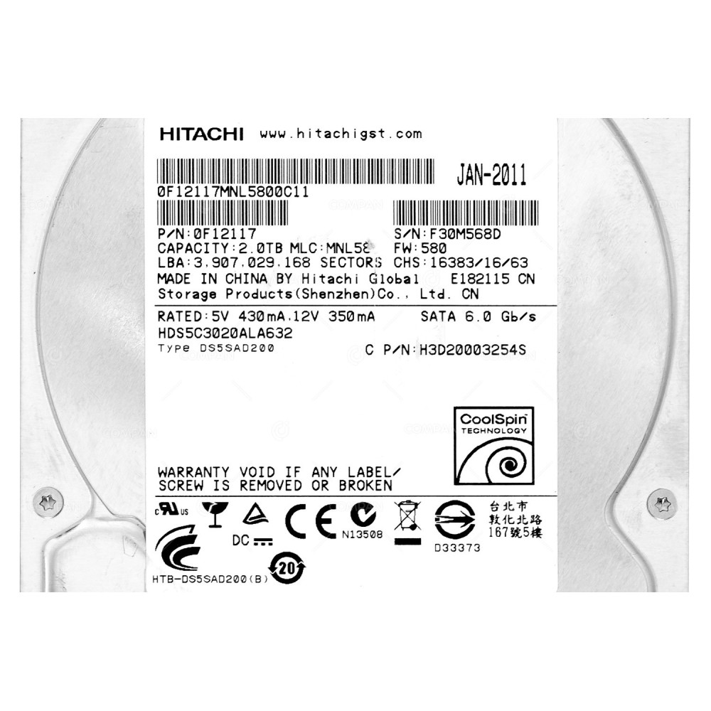 HDS5C3020ALA632  HITACHI 2TB 6G SATA 5.4K 3.5 LFF HARD DRIVE