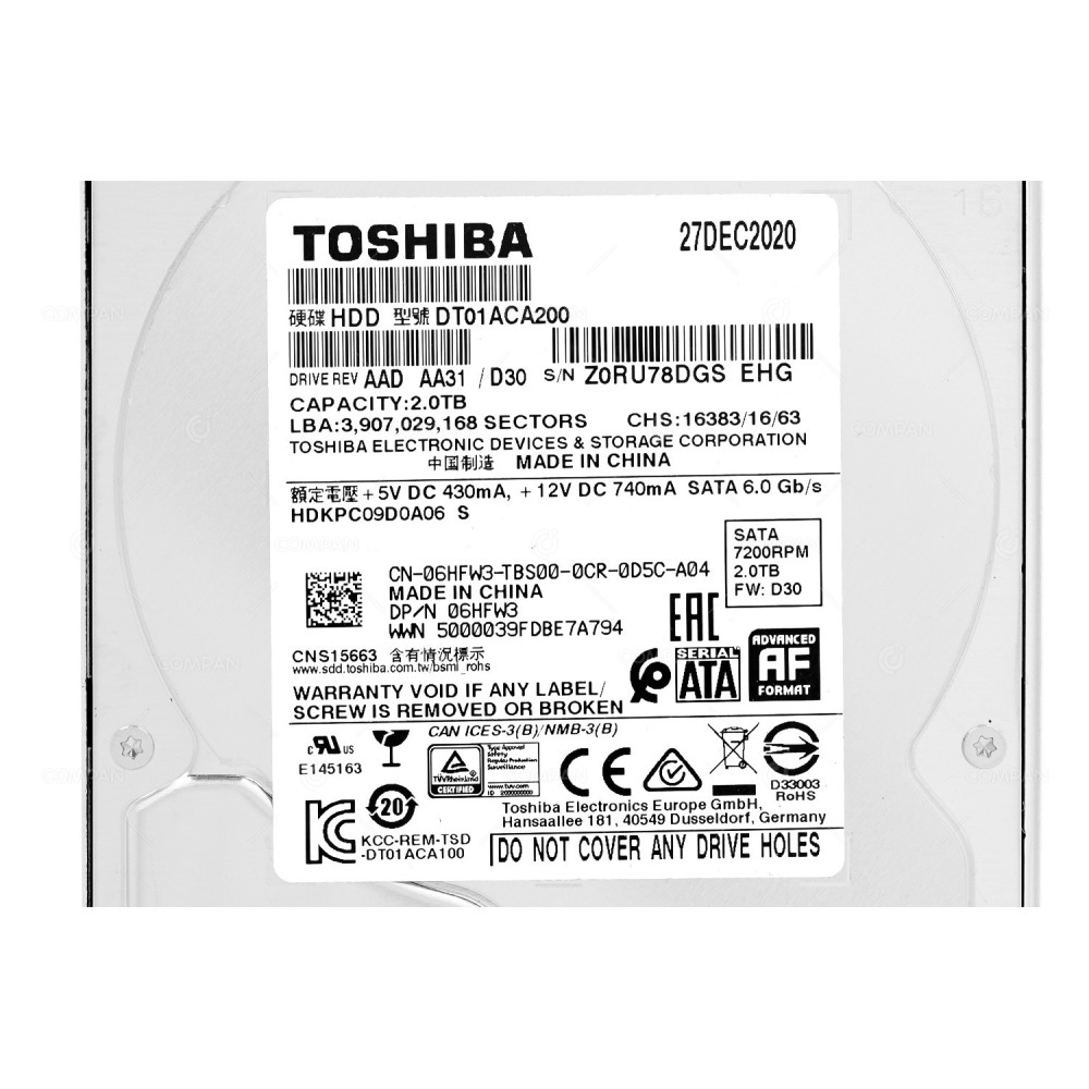 6HFW3 G14  DELL HDD 2TB 7.2K SATA 6G 3.5" LFF FOR DELL POWEREDGE G14