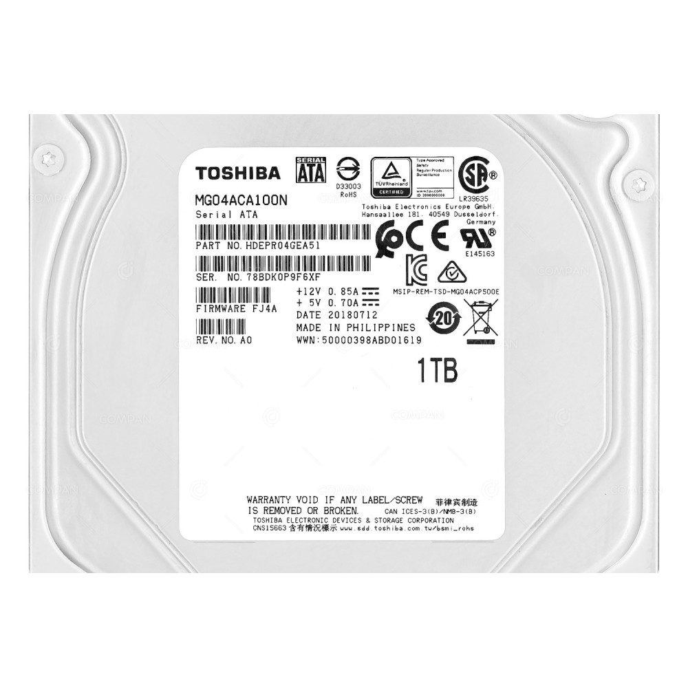 MG04ACA100N  TOSHIBA HARD DRIVE 1TB 7.2K 6G SATA 3.5 LFF