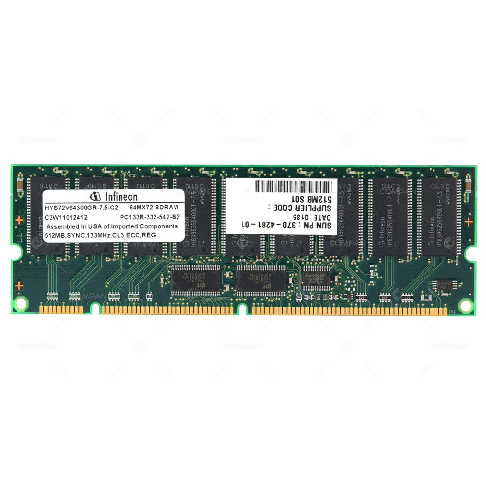 370-4281-01 SUN ORACLE 512MB PC133R SYNC 133MHZ 168 PIN 3.3V CL3 ECC SDRAM RDIMM FOR SUN FIRE V100 V120 HYS72V64300GR-7.5-C2