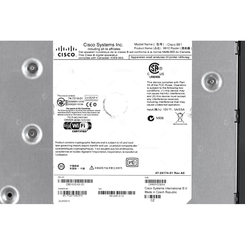 C881W-E-K9 CISCO 881 4 PORT 100MB ETHERNET POE INTEGRATED SERVICES ROUTER