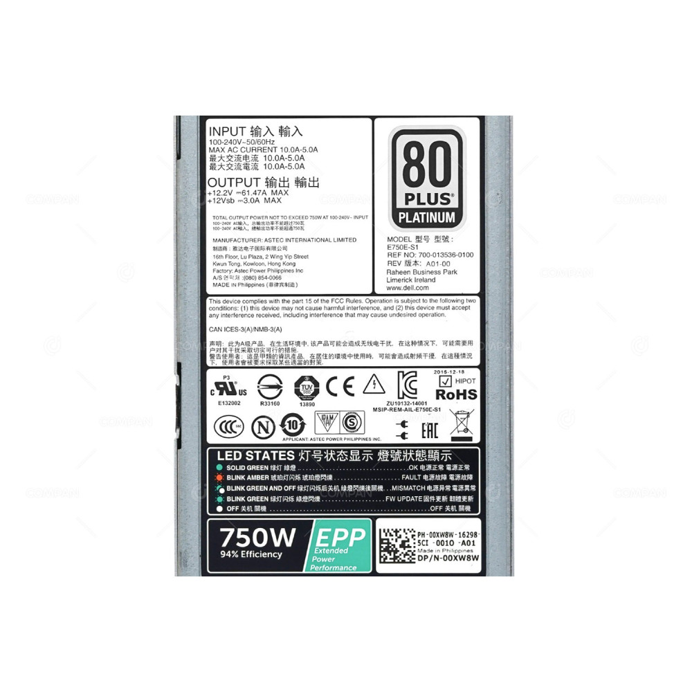 0XW8W DELL 750W PSU FOR R630 R730 R730XD R540 R640 R740 R940 T430 T630 G13
