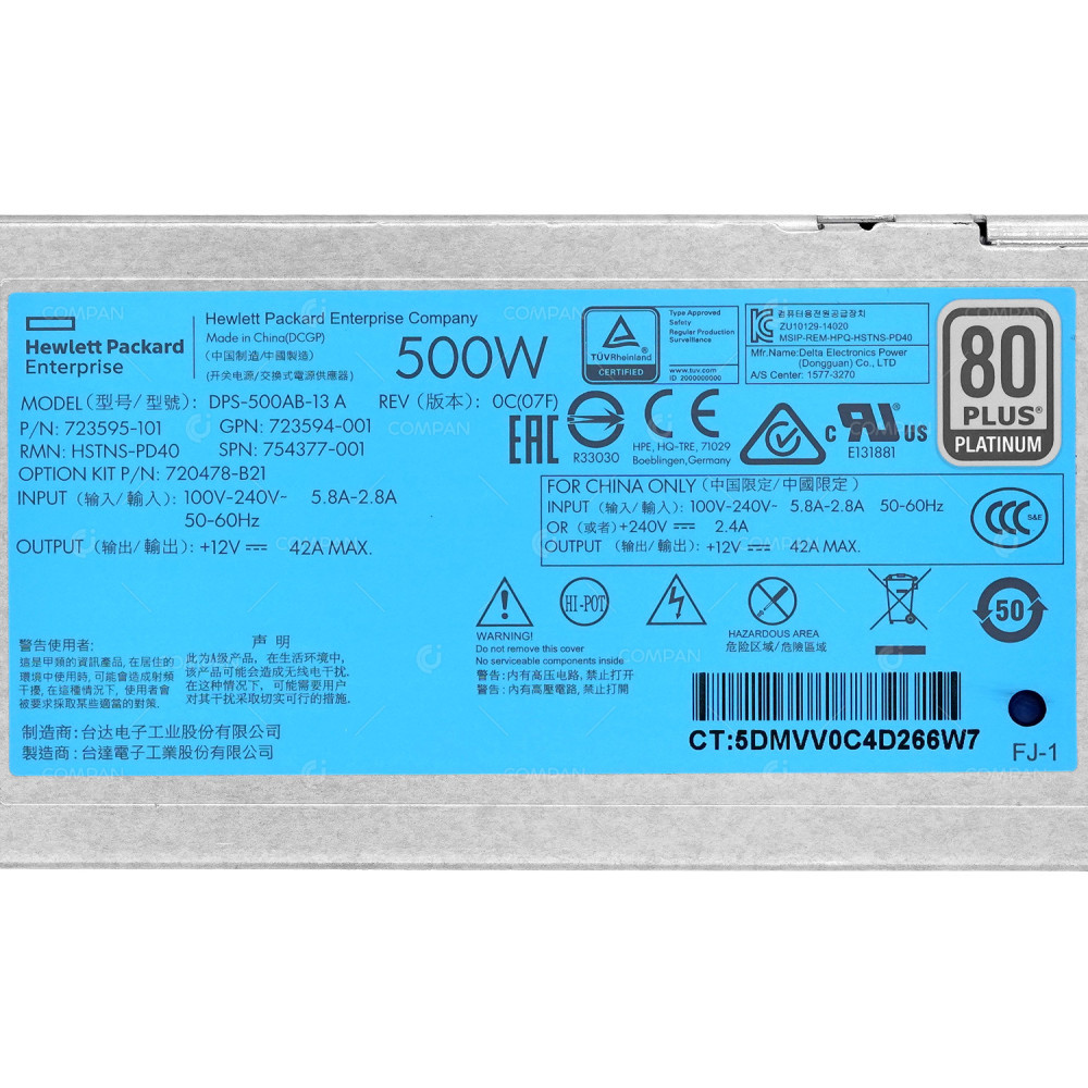 754377-001 HP 500W POWER SUPPLY PLATINUM FOR HP PROLIANT DL360 DL380 G9