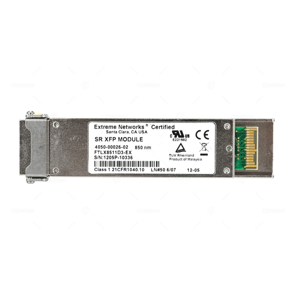 4050-00026-02 EXTREME NETWORKS CERTIFIED 10GBASE-SR 10GBPS XFP 850NM TRANSCEIVER MODULE FTLX8511D3-EX