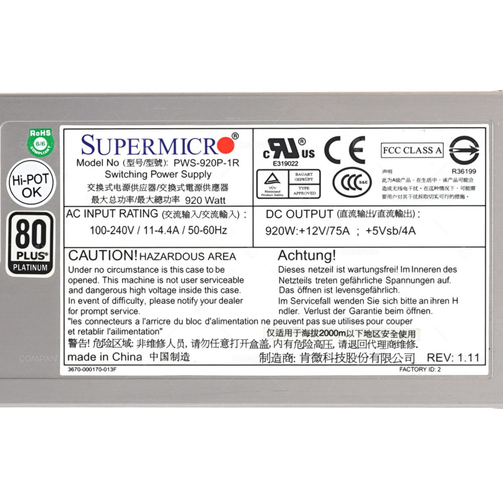 PWS-920P-1R SUPERMICRO 920W POWER SUPPLY 80PLUS PLATINUM