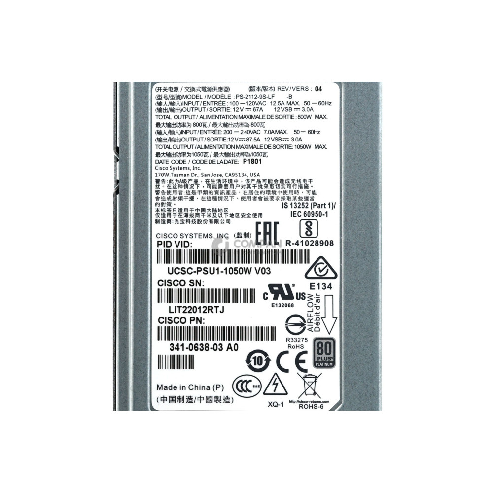 UCSC-PSU1-1050W CISCO PSU 1050W 80 PLUS PLATINUM FOR CISCO UCS S3260 M3 M4