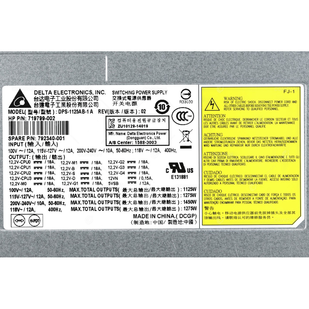 792340-001 HP 1125W POWER SUPPLY FOR Z840 WORKSTATION 719799-002, DPS-1125AB-1 A