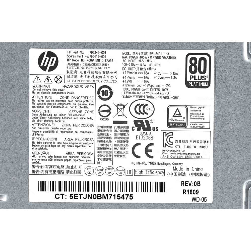 796416-001 HP 400W ENT15 EPA92 80 PLUS PLATINUM POWER SUPPLY FOR WS Z240 796346-001, PS-5401-1HA