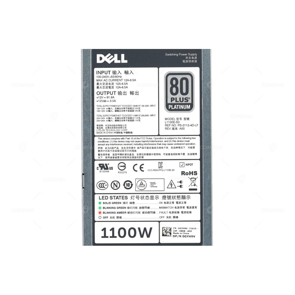 GYH9V DELL 1100W 80 PLUS PLATINUM PSU FOR POWEREDGE R620 R720 R720XD R820 G12