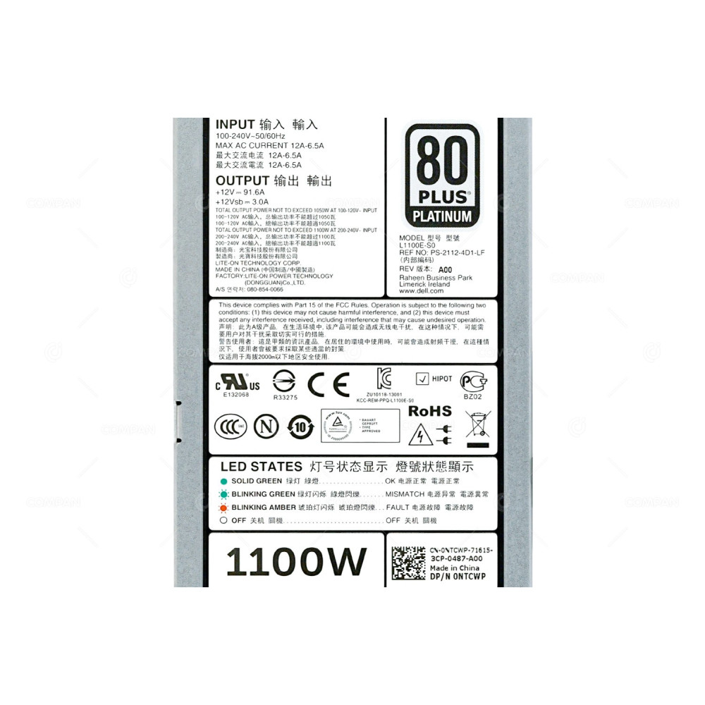 NTCWP DELL 1100W POWER SUPPLY 80+ PLATINUM FOR POWEREDGE R520/R620/R720/R820