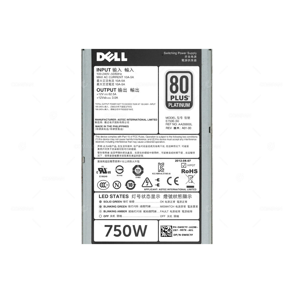 W0CTF DELL 750W PSU 80+ PLATINUM FOR DELL R520/R620/R720/R720XD/T320/T420