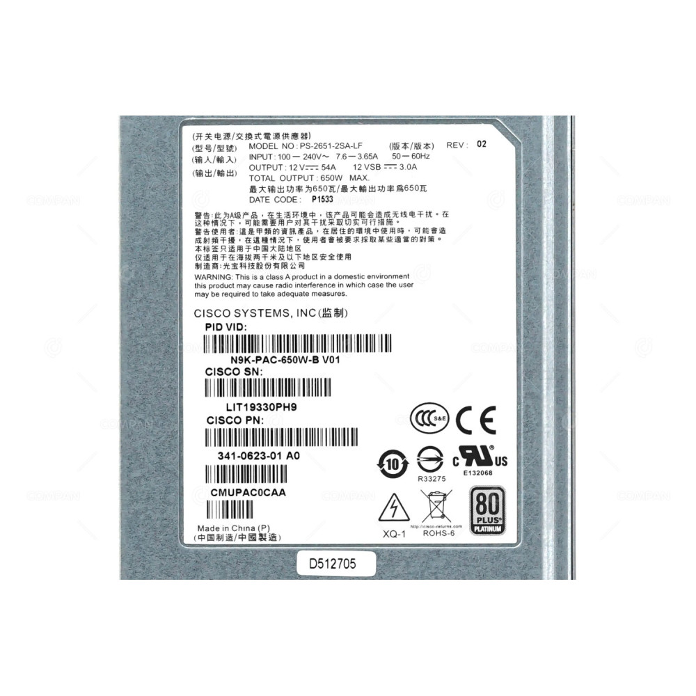 N9K-PAC-650W-B CISCO 650W PORT SIDE EXHAUST POWER SUPPLY FOR NEXUS 9300