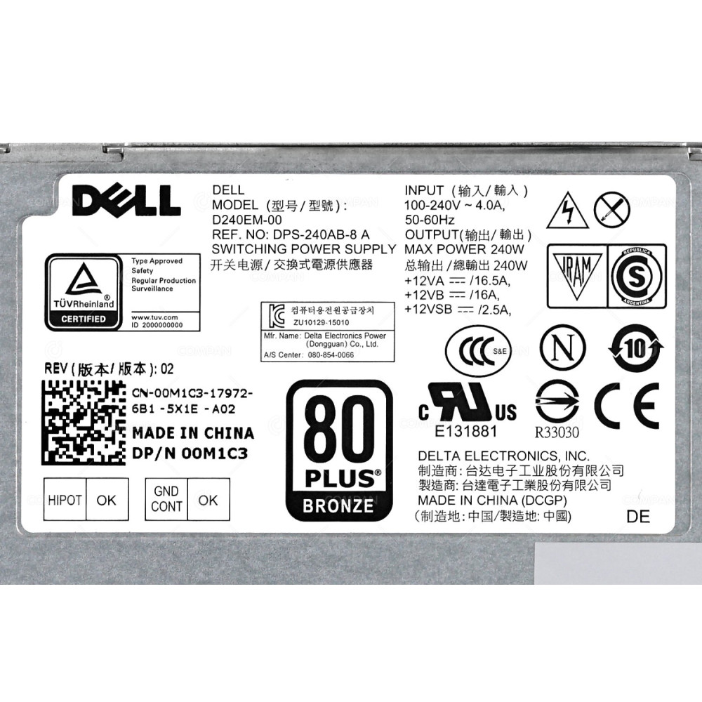 0M1C3  DELL 240W PSU 80 + BRONZE WITH 4 PIN AND 8 PIN CONNECTOR FOR OPTIPLEX