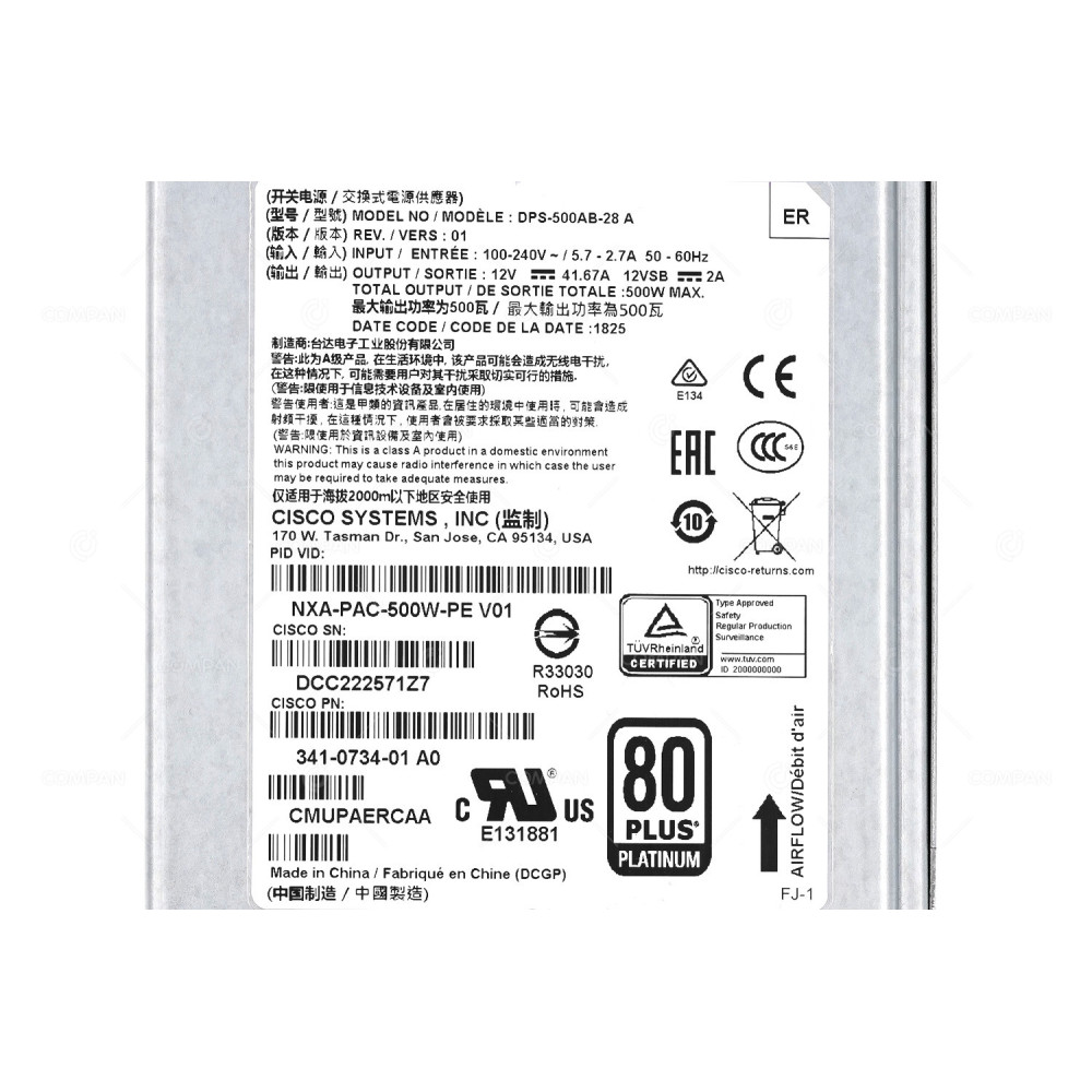 341-0734-01 CISCO 500W  POWER SUPPLY FOR  NEXUS 9300-EX SERIES NXA-PAC-500W-PE, CMUPAERCAA, DPS-500AB-28