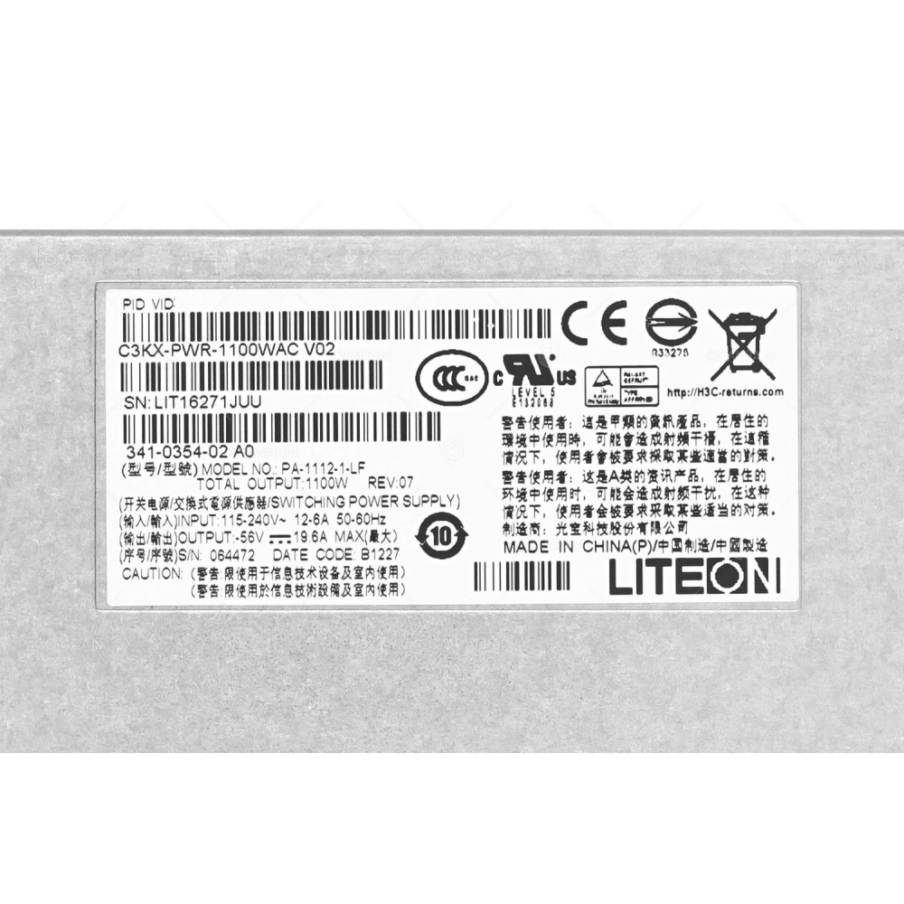 C3KX-PWR-1100WAC CISCO POWER SUPPLY 1100W AC FOR CATALYST 3750-X SERIES 341-0354-02