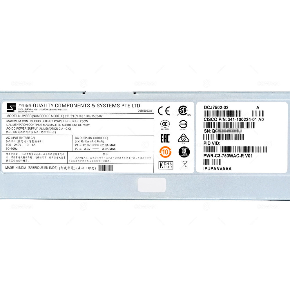 PWR-C3-750WAC-R CISCO POWER SUPPLY 750W FOR CATALYST 3850 FRONT TO BACK AIRFLOW 341-100224-01