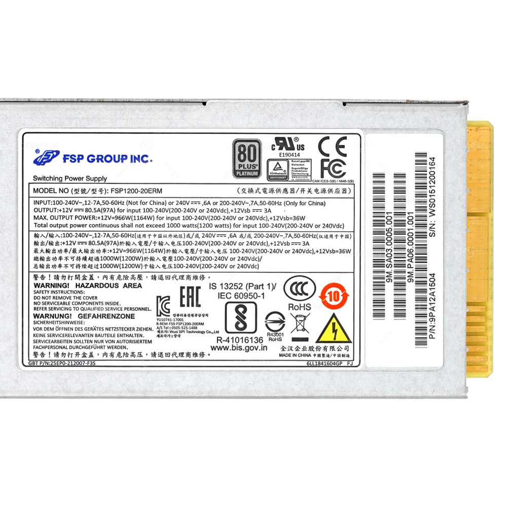 25EP0-212007-F3S  GIGABYTE 1200W PLATINUM SWITCHING POWER SUPPLY FOR R282-Z90