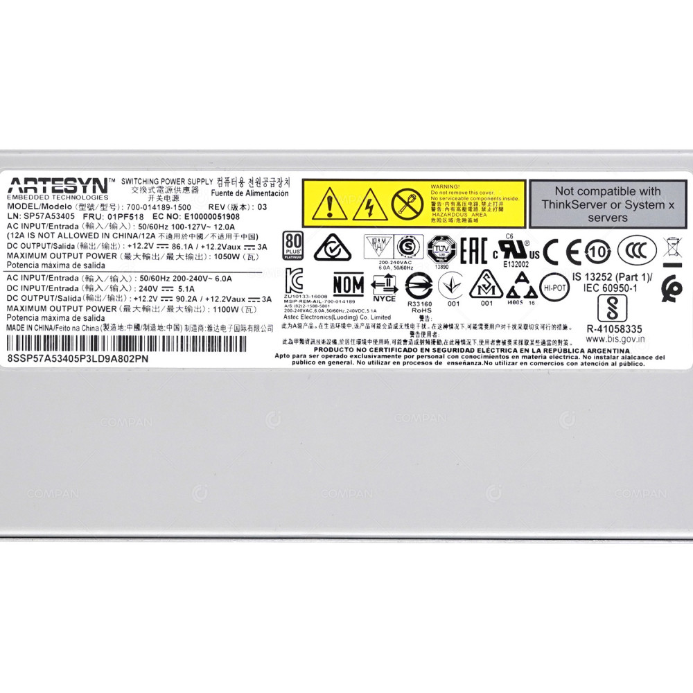 01PF518  IBM 1100W PLATINUM AC POWER SUPPLY FOR LENOVO THINKSYSTEM